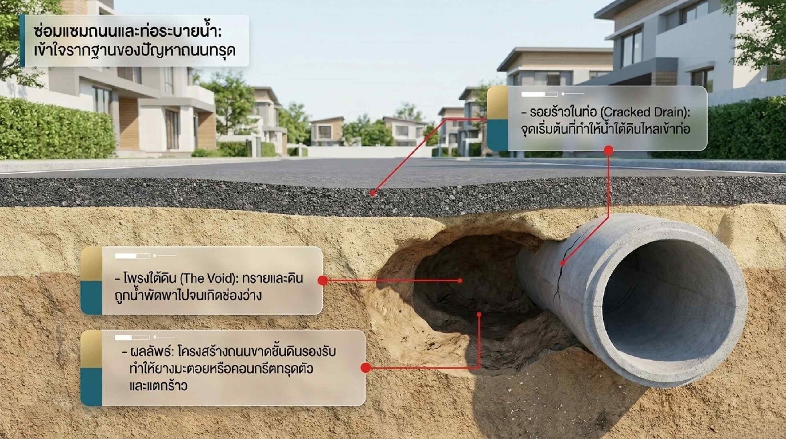 การซ่อมแซมถนนทรุดและท่อระบายน้ำอุดตัน