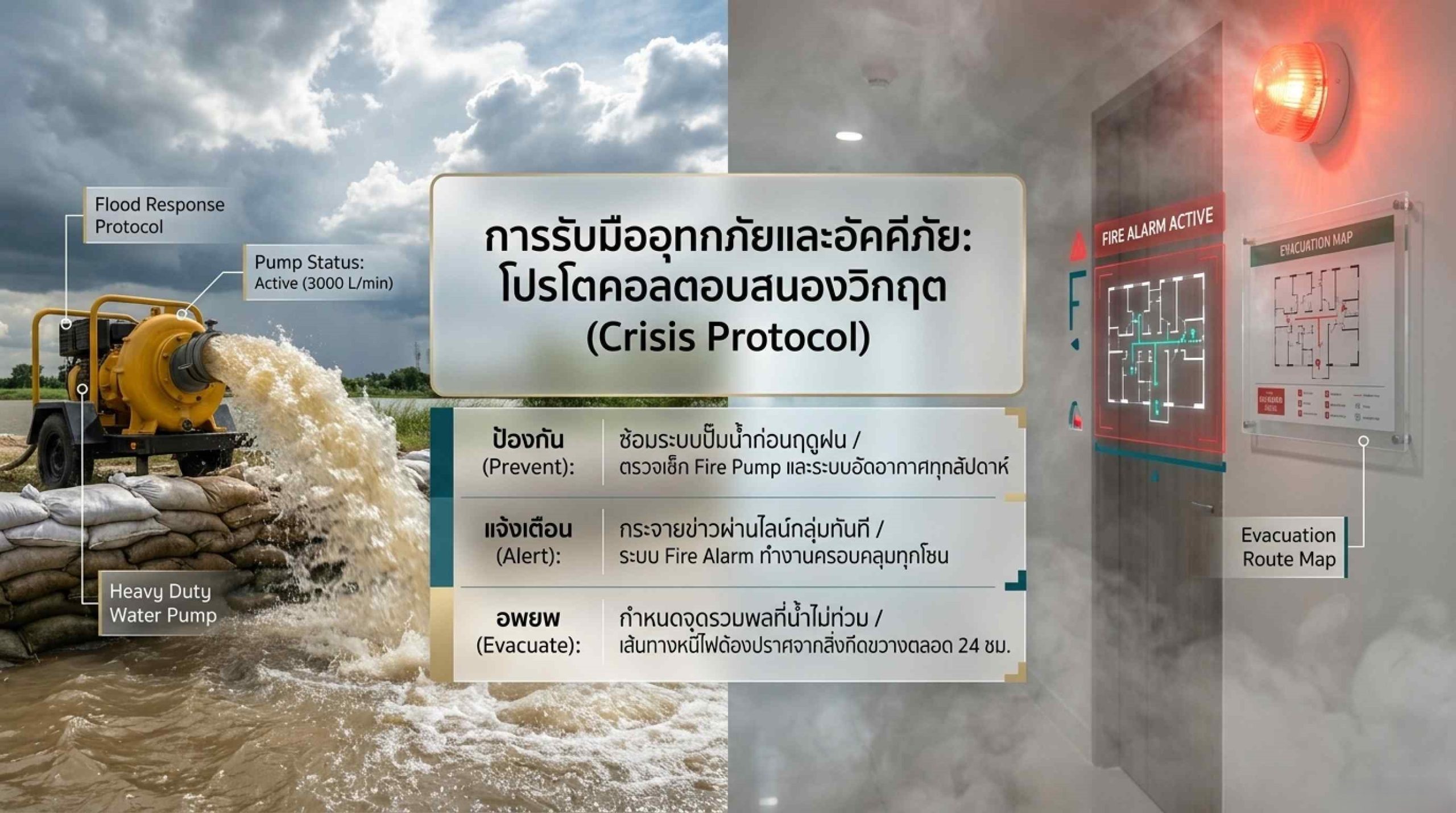 การเตรียมตัวรับมืออุทกภัยและอัคคีภัยในหมู่บ้านจัดสรรและอาคารชุด